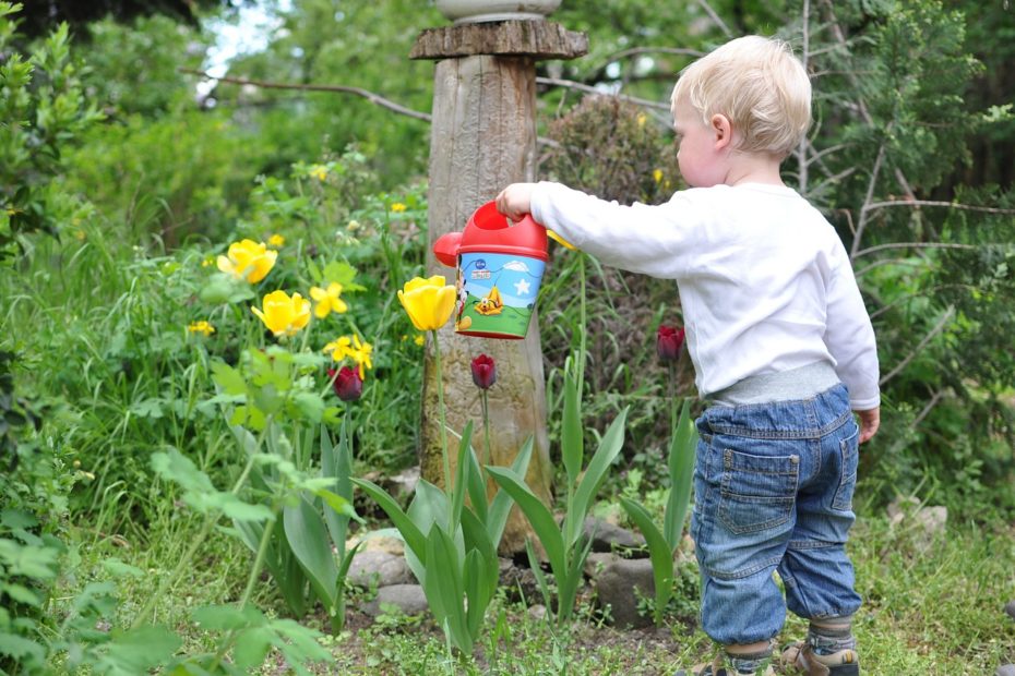 small boy gardening
