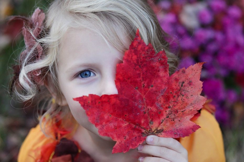 girl holding red leaf over eye